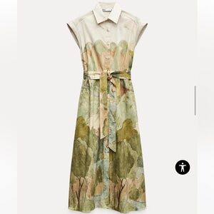 NWT Zara watercolour green orange cream cotton shirt dress belted like US 6 / 8